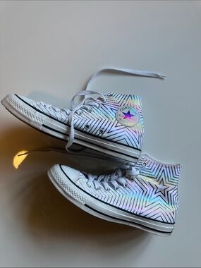 Converse White High-Top Sneakers with Iridescent Rainbow Star Pattern